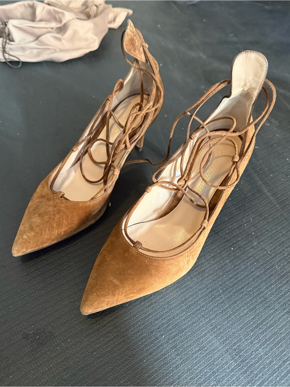 Gianvito Rossi Lace Up Lexi Suede Heel Brown size 37.5